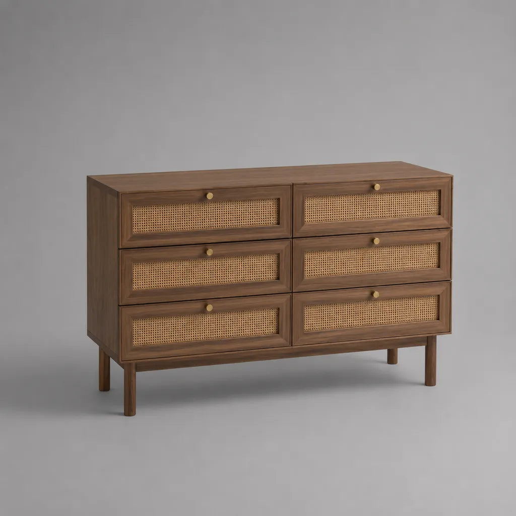 Commode rectangulaire à 6 tiroirs en MDF plaqué noyer et cannage en rotin, brun noyer et beige naturel, 120 × 40 × 85 cm