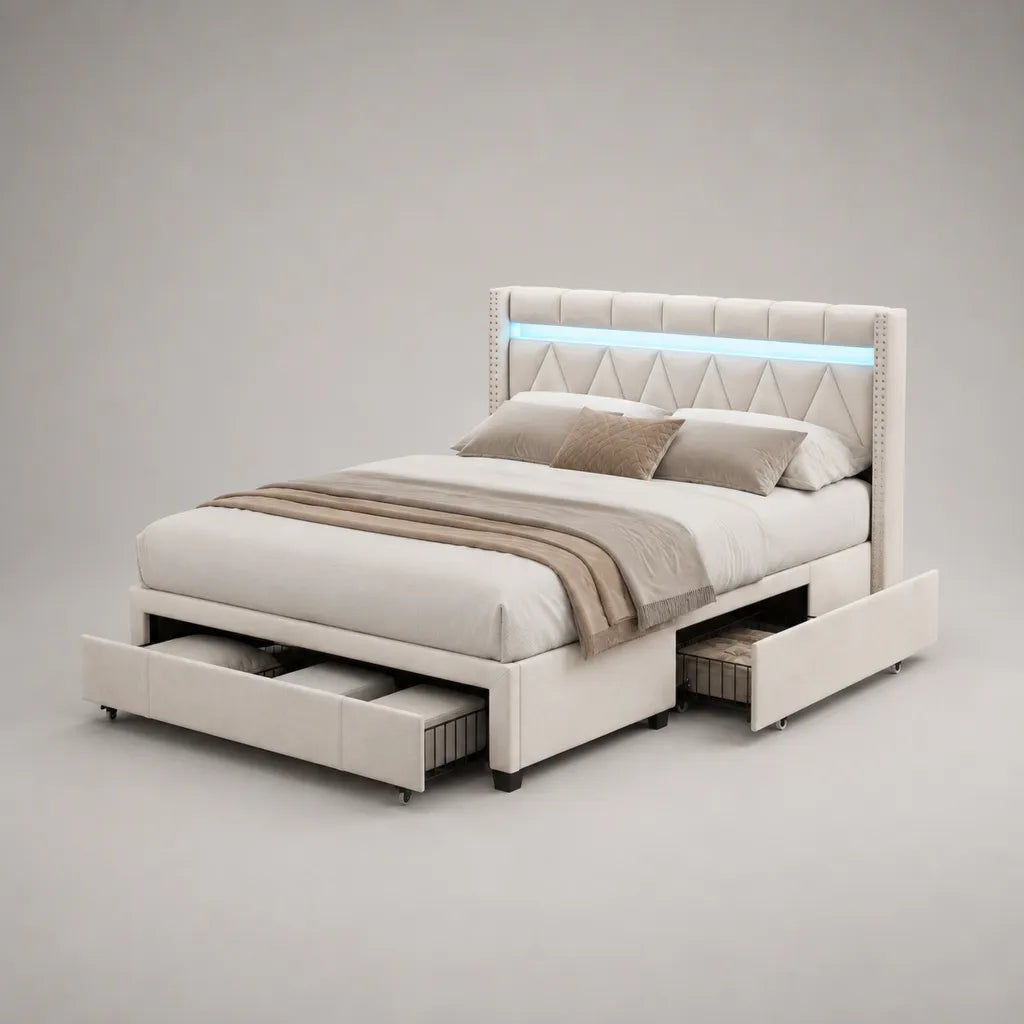 Lit double 160 × 200 cm avec 4 tiroirs et tête de lit à éclairage LED, revêtement en polyester blanc cassé, dimensions 217 × 169 × 115 cm