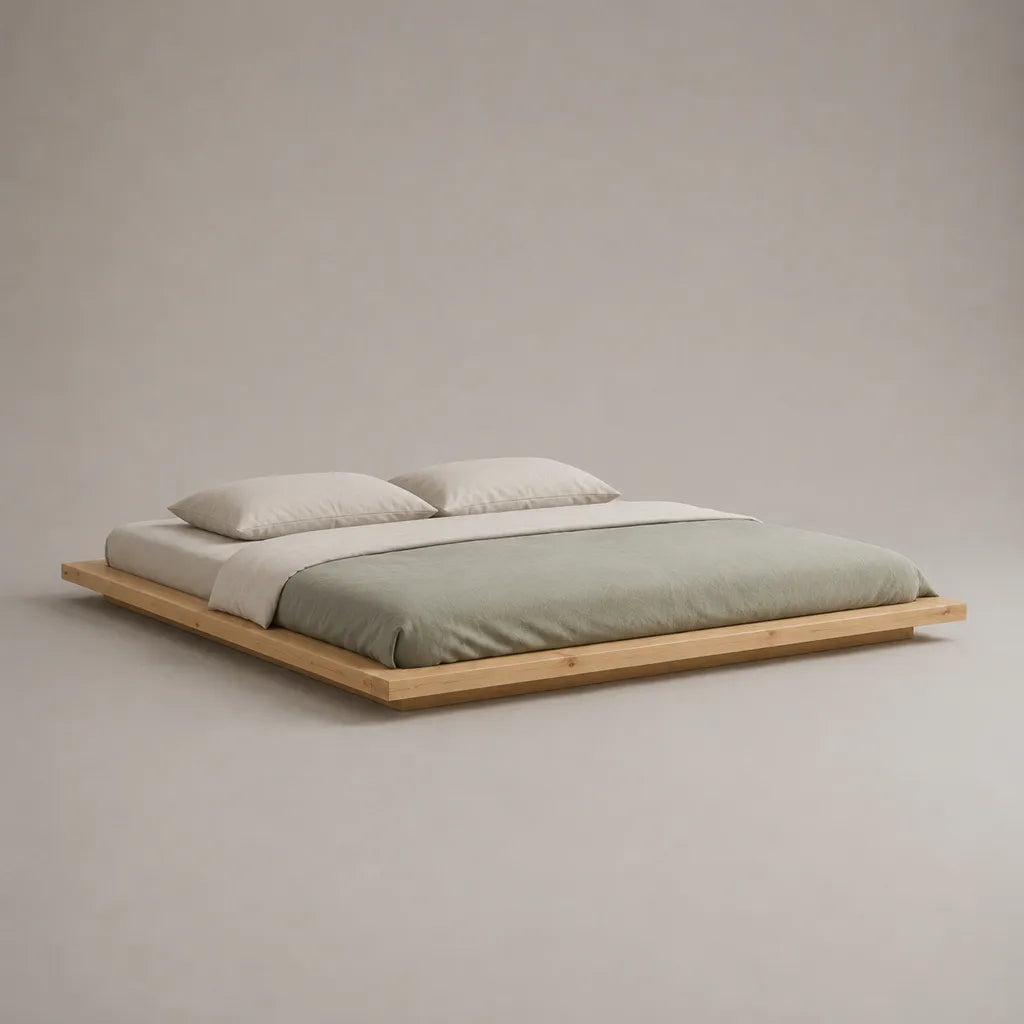 Lit plateforme 2 places en bois massif beige naturel sans tête de lit, couchage 180 × 200 cm, dimensions 220 × 200 × 14 cm