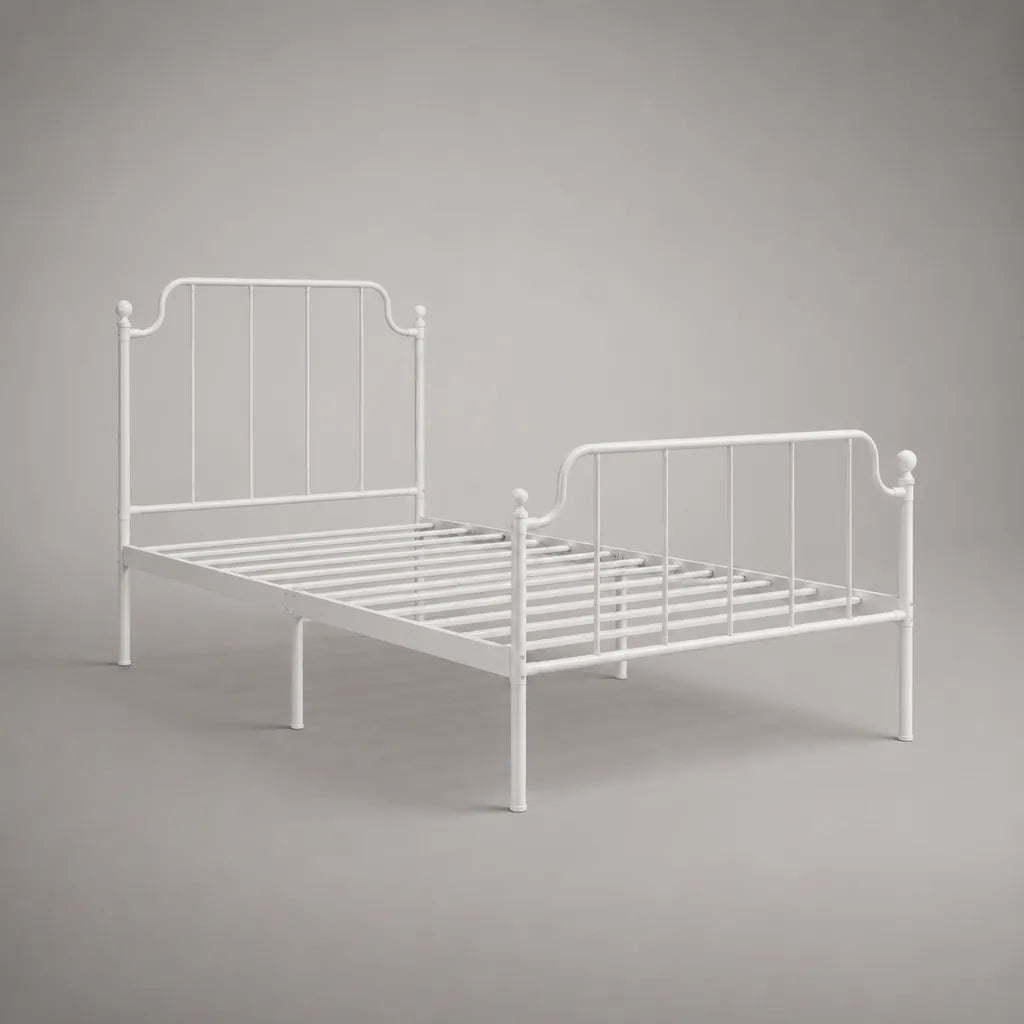 Cadre de lit double en acier blanc avec sommier à lattes, couchage 140 × 190 cm, dimensions 198 × 146 × 110 cm