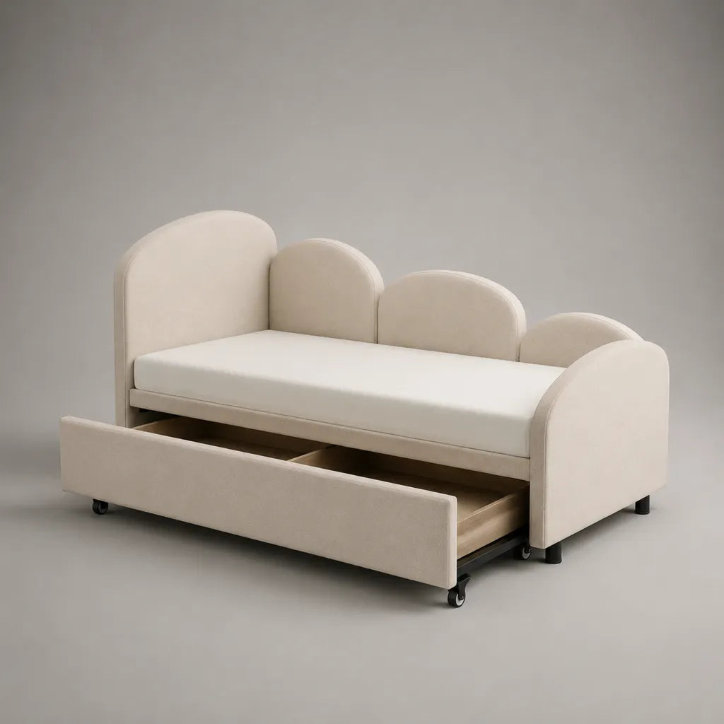 Lit banquette gigogne 2 couchages 90 × 190 cm en tissu beige avec dossiers arrondis