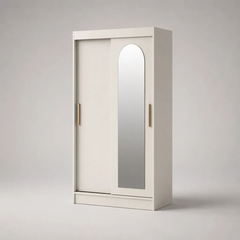 Armoire penderie en panneaux de particules à 2 portes coulissantes avec miroir cintré, blanc, 100 × 50 × 180 cm