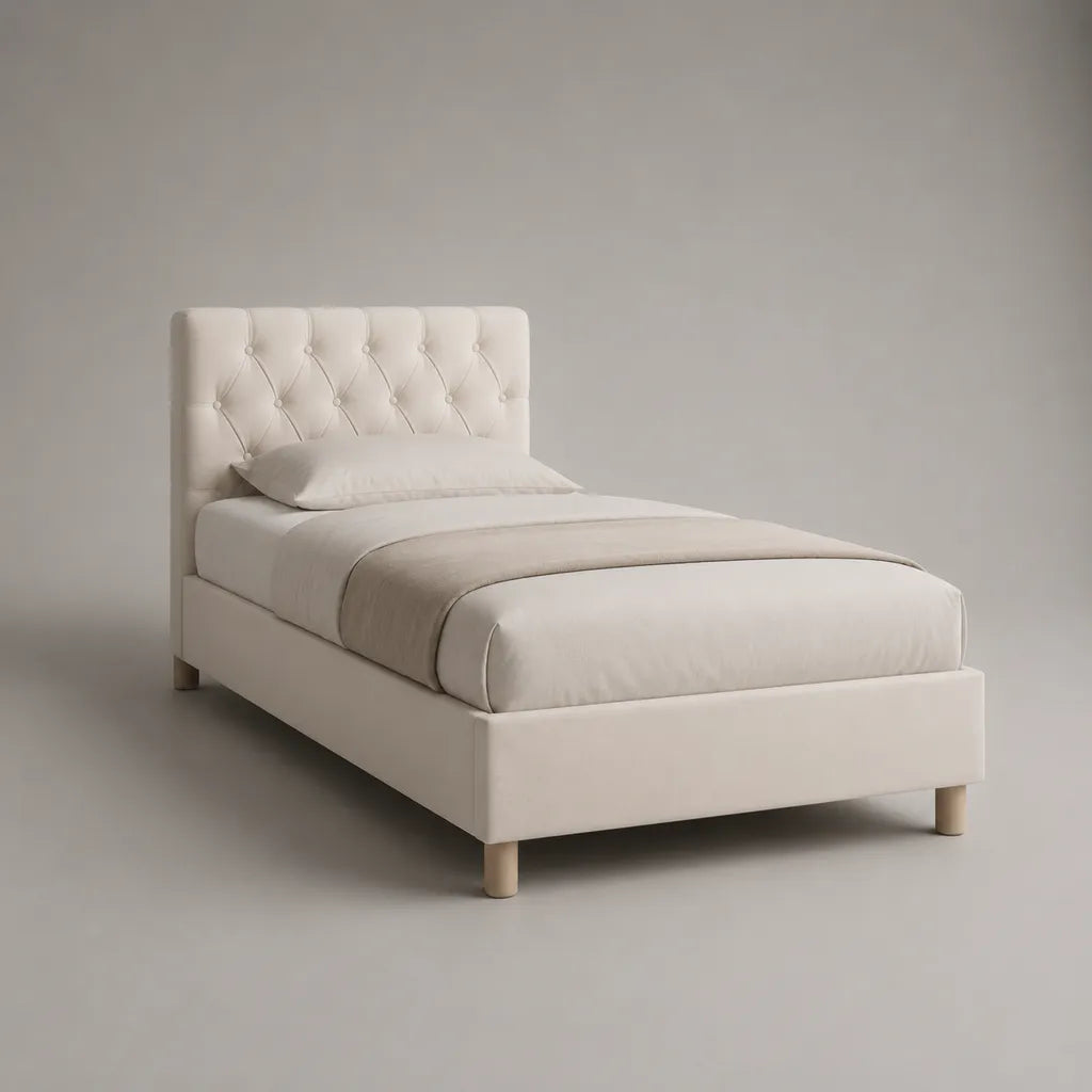 Lit simple rembourré en tissu beige avec tête de lit capitonnée, couchage 90 × 190 cm