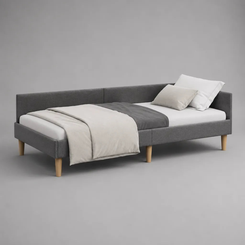 Lit banquette rembourré rectangulaire une place 90 × 200 cm, dimensions 213 × 101 × 76 cm, sommier à lattes, tissu gris et pieds en bois clair