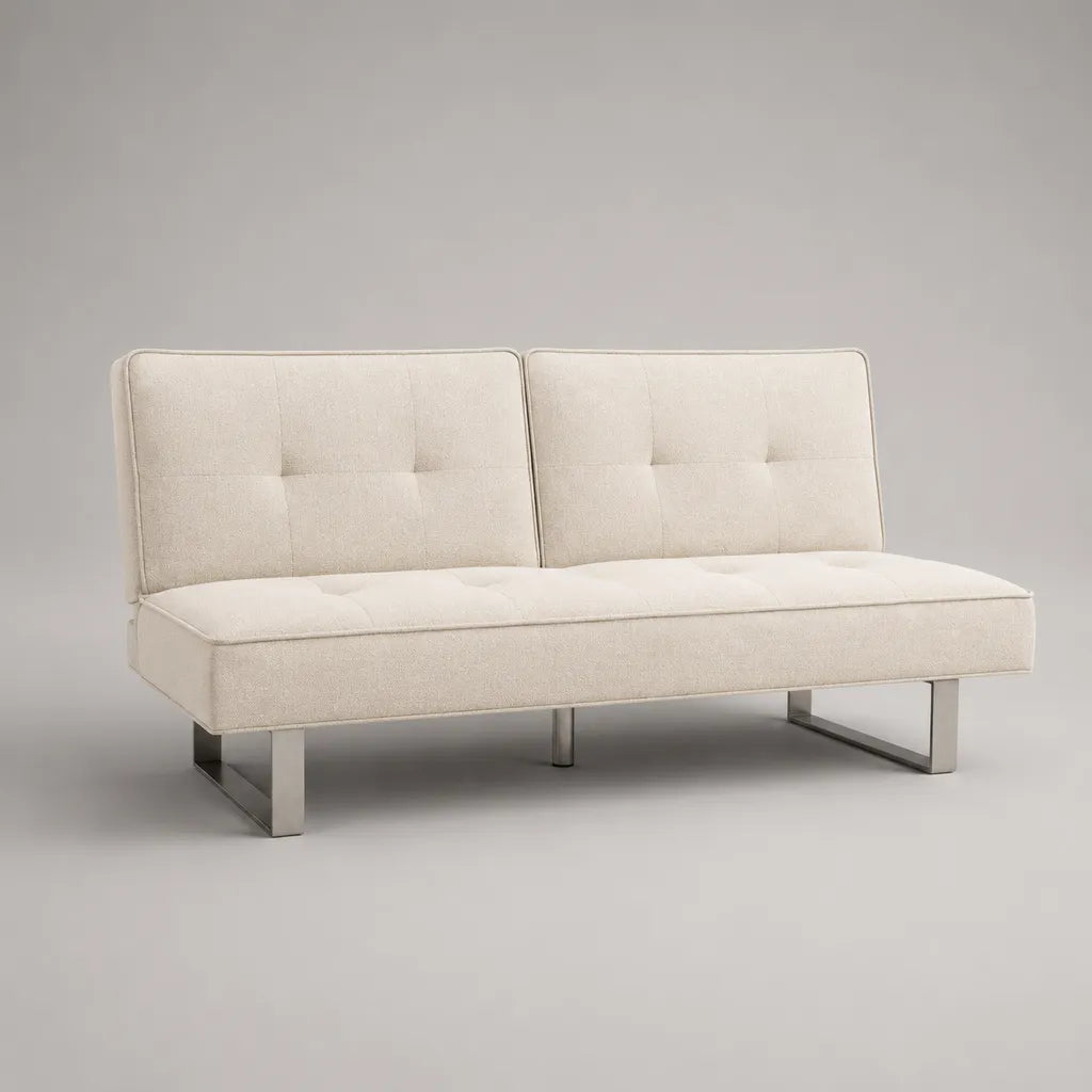 Canapé convertible clic-clac 3 places en tissu beige et métal, 180 × 88 × 78 cm