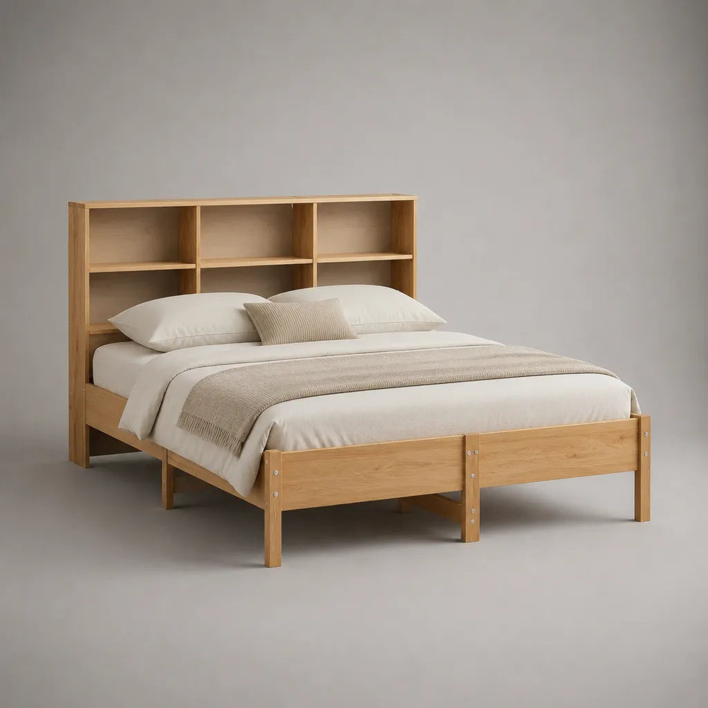 Lit double en bois avec tête de lit bibliothèque, finition bois naturel, couchage 160 × 200 cm