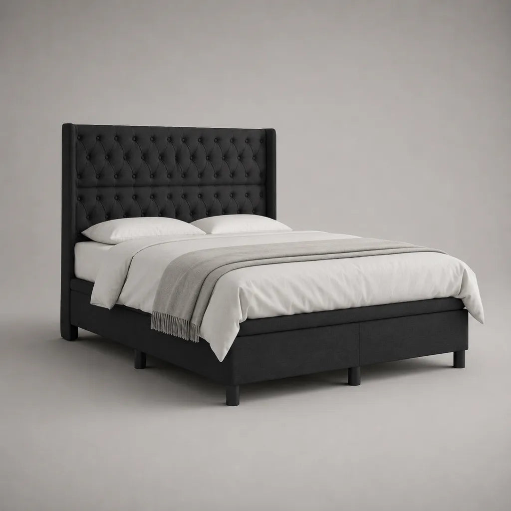 Lit double rembourré noir avec tête de lit capitonnée, couchage 160 x 200 cm, dimensions 214 x 174 x 130 cm