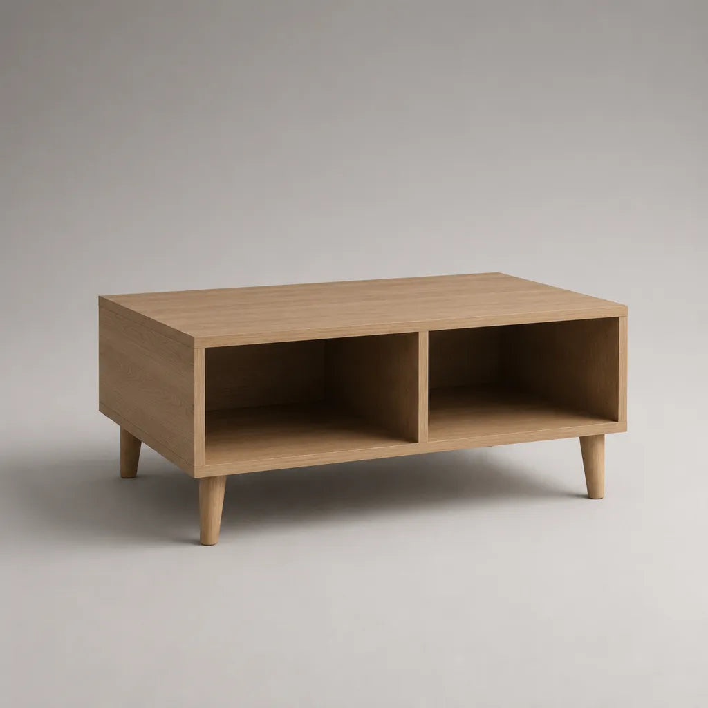 Table basse rectangulaire en bois avec 2 niches, finition chêne naturel, 100 × 50 × 45 cm