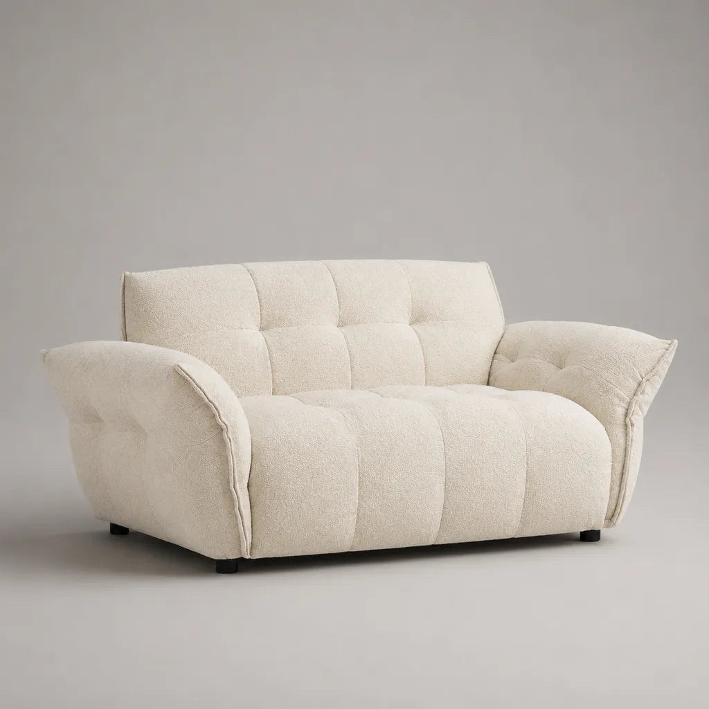 Canapé 2 places en bouclé polyester capitonné crème et noir, 150 × 95 × 86 cm