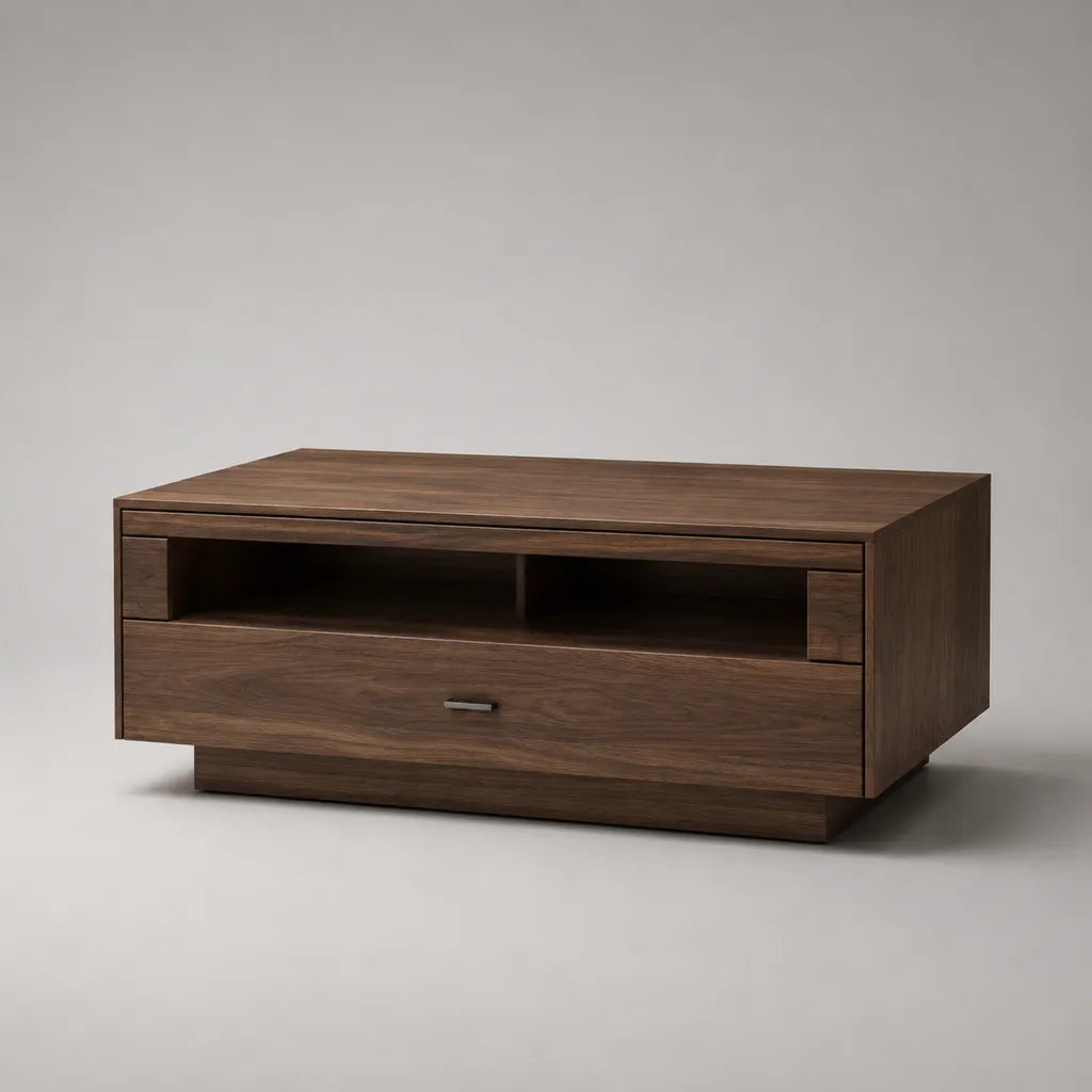 Table basse rectangulaire avec rangement en MDF plaqué noyer marron et noir, 100 × 60 × 45 cm