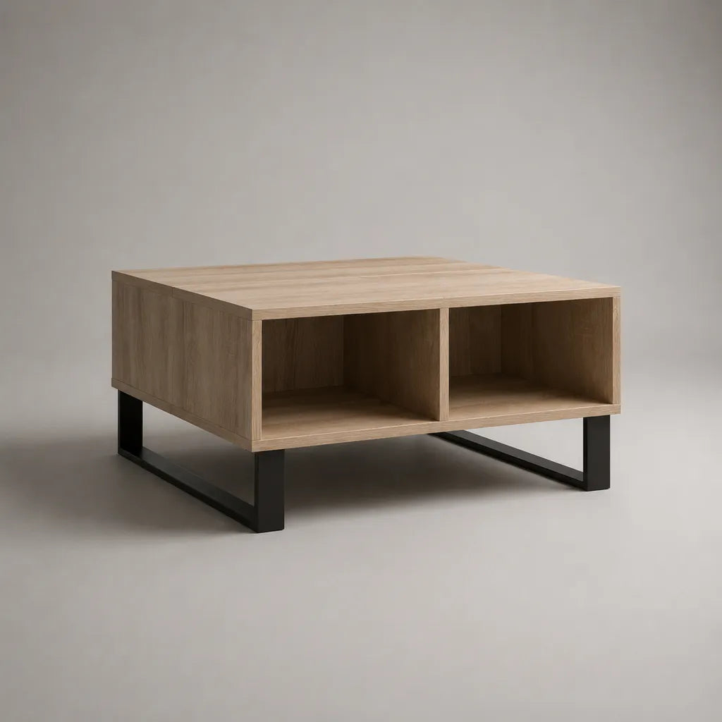 Table basse carrée avec rangement en panneaux de particules mélaminés et acier, chêne clair et noir, 80 x 80 x 40 cm
