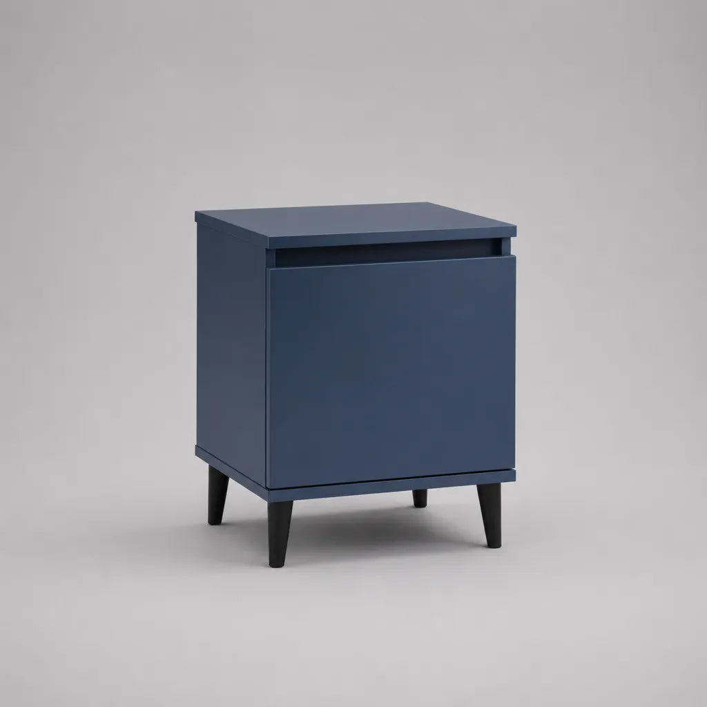 Table de chevet rectangulaire en MDF avec porte et niche, bleu marine et noir, 45 × 40 × 60 cm