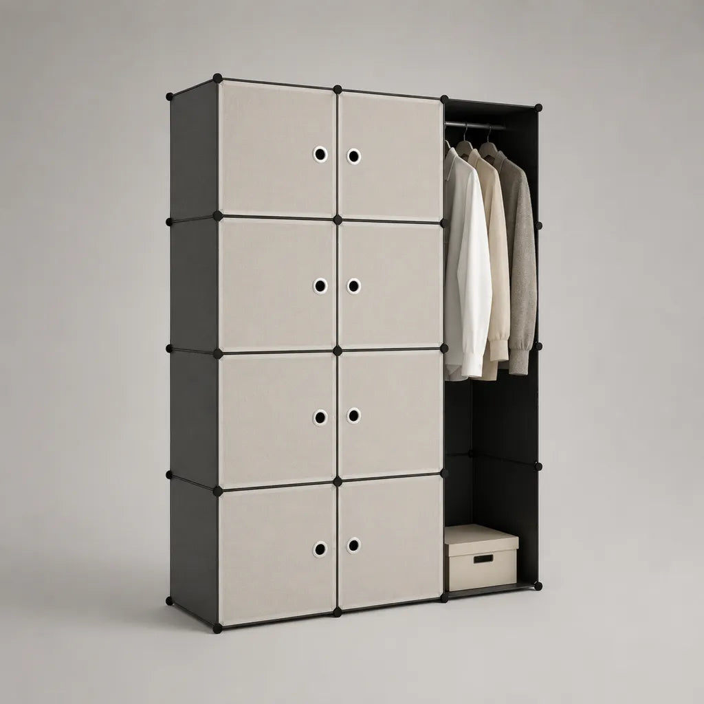 Armoire penderie modulable rectangulaire en polypropylène et acier, 8 portes avec tringle, blanc et noir, 110 × 47 × 145 cm
