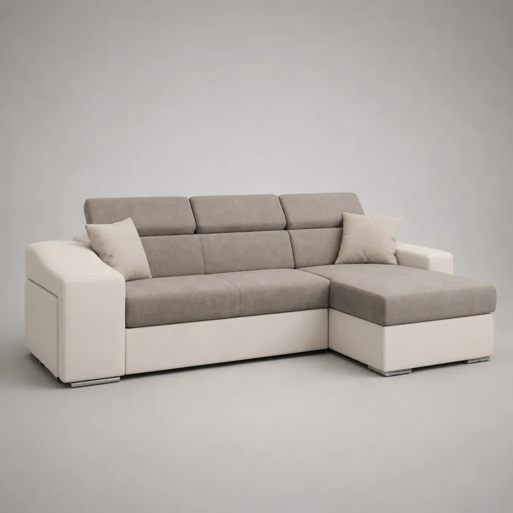 Canapé d’angle droit 3 places en tissu et similicuir taupe et blanc cassé, 238 × 155 × 91 cm