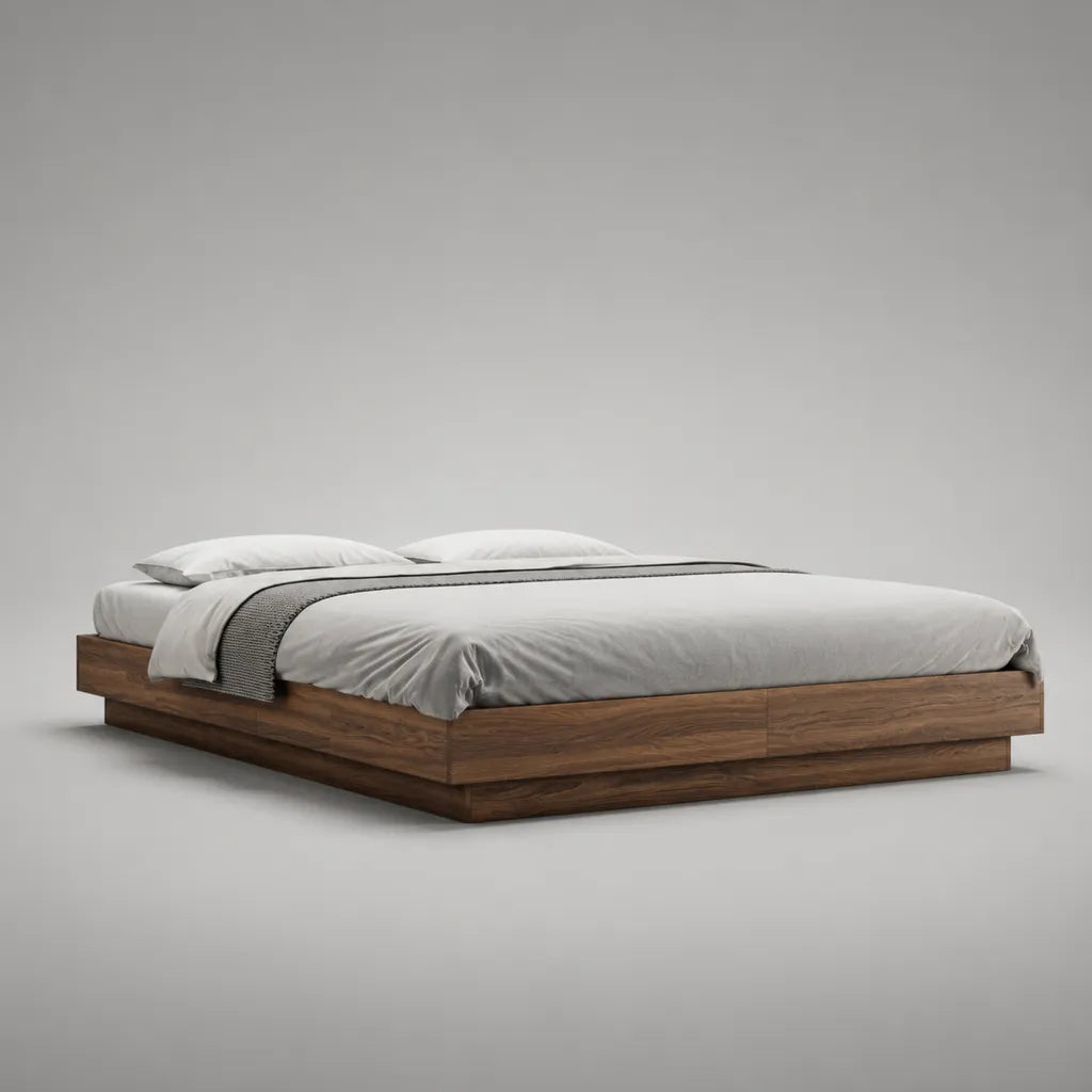 Lit plateforme en MDF plaqué bois brun noyer, couchage 160 × 200 cm, dimensions 220 × 180 × 35 cm