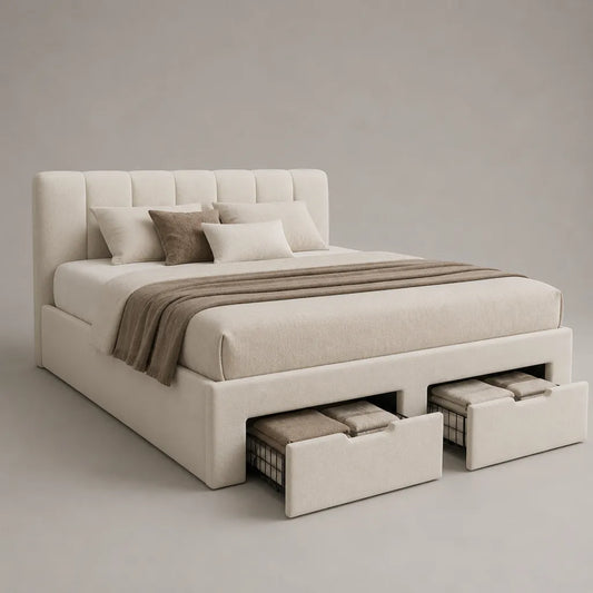Lit double beige en bouclé polyester avec sommier et 2 tiroirs, couchage 160 × 200 cm, dimensions 175 × 220 × 110 cm