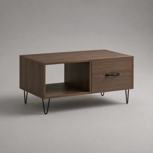 Table basse rectangulaire en panneaux de particules et acier avec tiroir et niche, brun noyer et noir, 90 × 50 × 45 cm