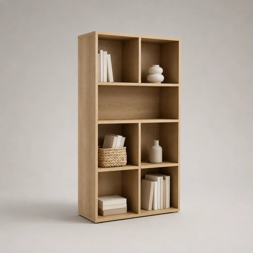 Bibliothèque étagère en panneaux de particules mélaminés, 7 niches, chêne clair, 80 × 30 × 150 cm