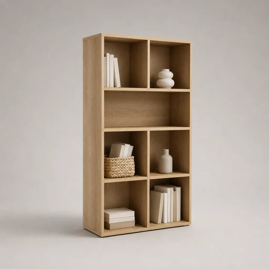 Bibliothèque étagère en panneaux de particules mélaminés, 7 niches, chêne clair, 80 × 30 × 150 cm