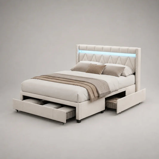 Lit double 160 × 200 cm avec 4 tiroirs et tête de lit à éclairage LED, revêtement en polyester blanc cassé, dimensions 217 × 169 × 115 cm