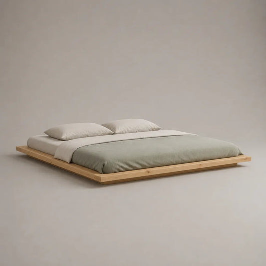 Lit plateforme 2 places en bois massif beige naturel sans tête de lit, couchage 180 × 200 cm, dimensions 220 × 200 × 14 cm