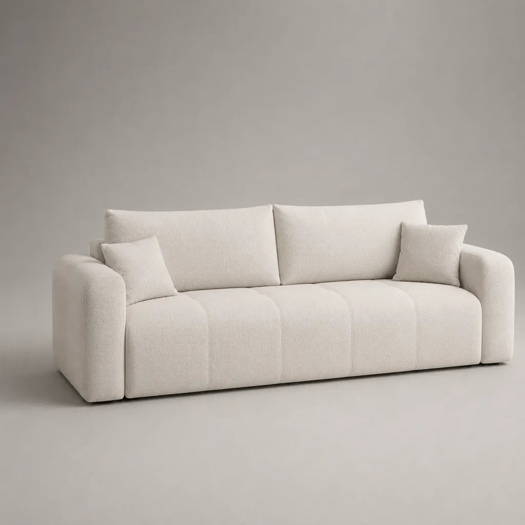 Canapé droit 3 places avec 2 coussins décoratifs en tissu bouclé polyester écru, 220 x 95 x 85 cm