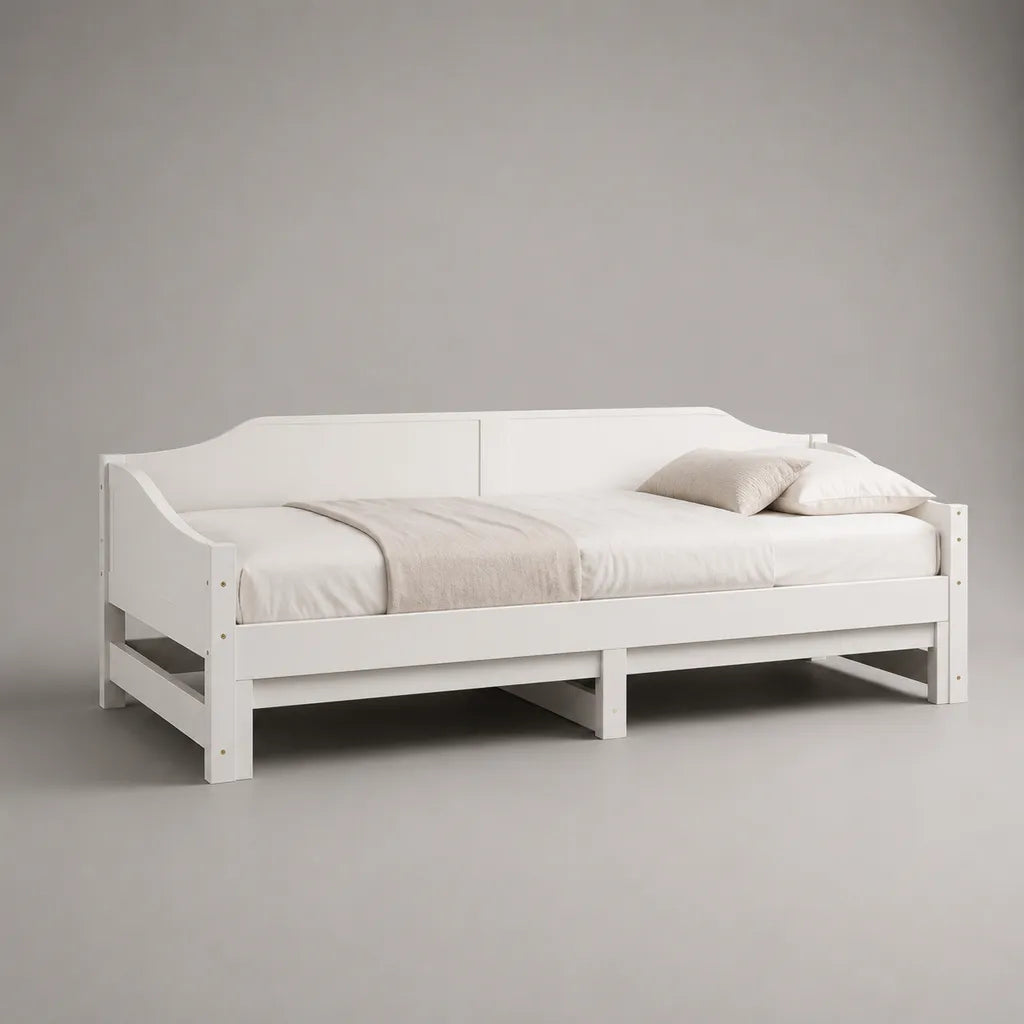Lit banquette 1 place en pin massif blanc avec sommier à lattes, 198 × 96 × 75 cm, couchage 90 × 190 cm