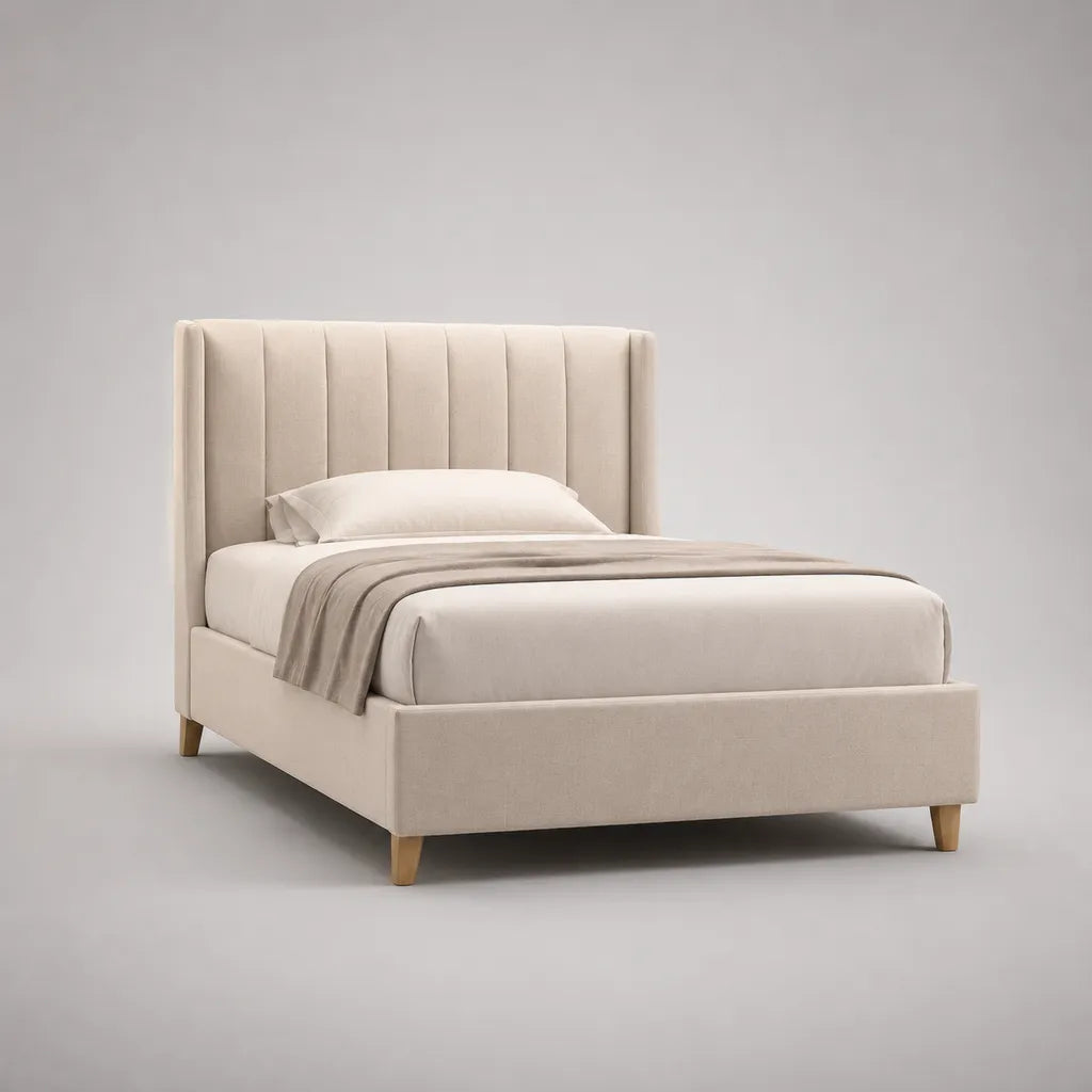 Lit double rembourré en velours polyester beige 160 × 200 cm avec tête de lit et sommier à lattes
