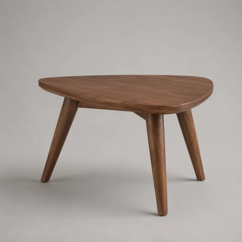 Table basse en acacia massif, plateau triangulaire arrondi, brun noyer, 80 x 60 x 45 cm