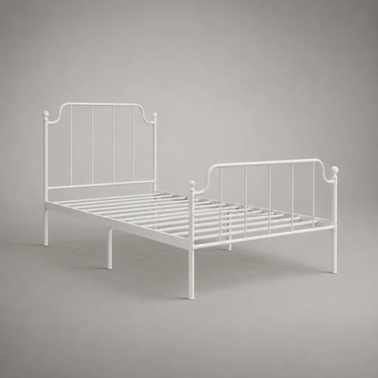 Cadre de lit double en acier blanc avec sommier à lattes, couchage 140 × 190 cm, dimensions 198 × 146 × 110 cm