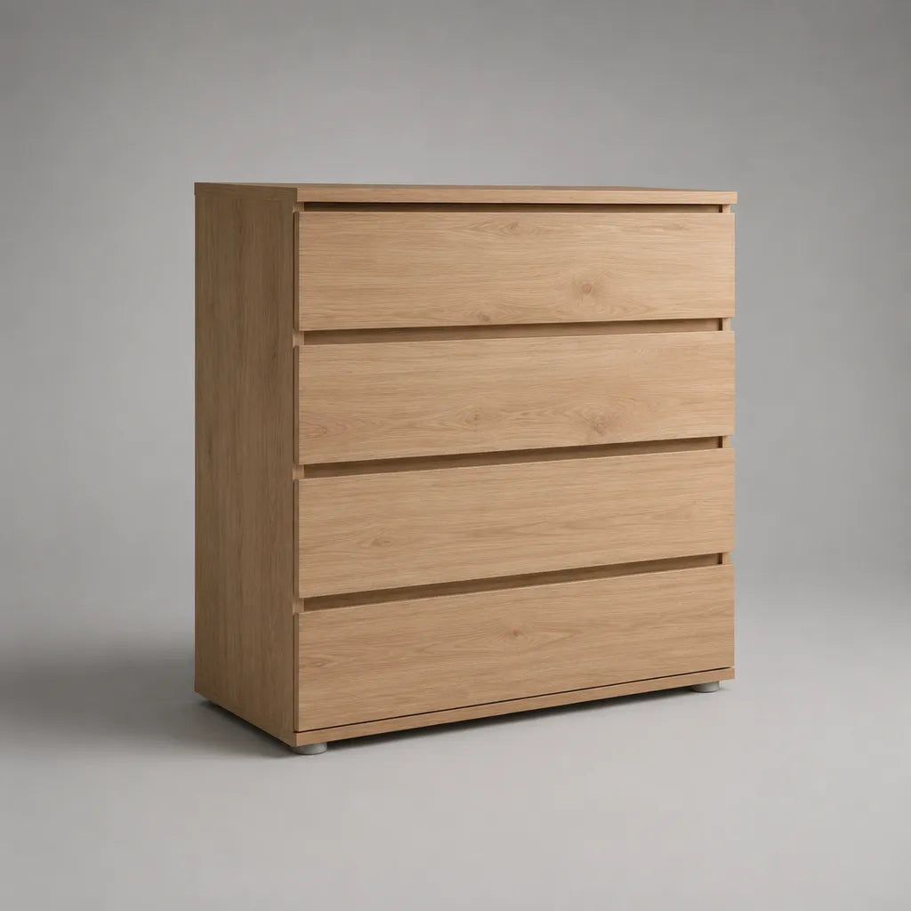 Commode rectangulaire en panneaux de particules mélaminés, 4 tiroirs, effet chêne clair, 80 × 40 × 95 cm