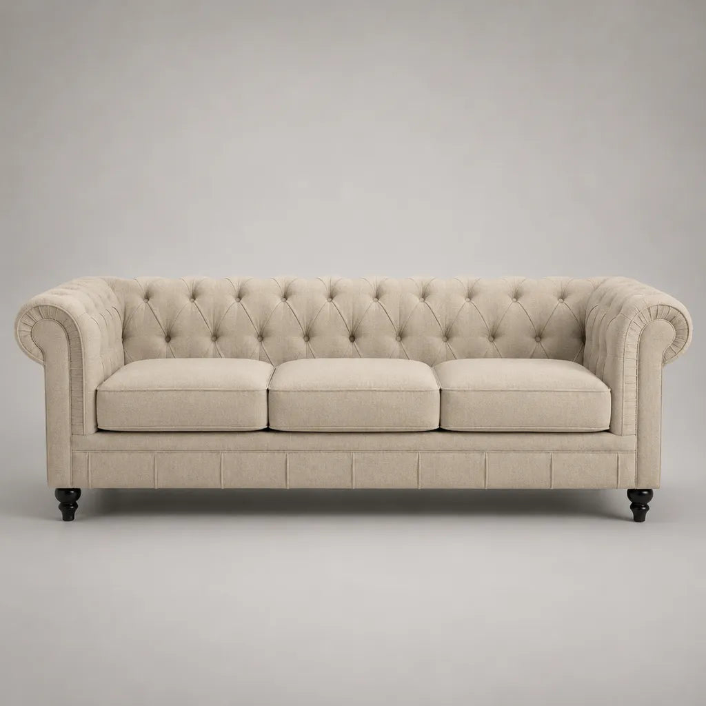 Canapé droit 3 places en velours beige capitonné avec accoudoirs arrondis, 220 × 90 × 78 cm