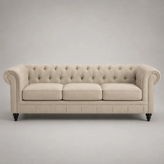 Canapé droit 3 places en velours beige capitonné avec accoudoirs arrondis, 220 × 90 × 78 cm
