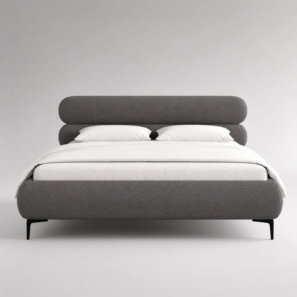 Lit double rembourré en tissu gris anthracite 160 × 200 cm avec tête de lit, sommier à lattes et pieds en métal noir