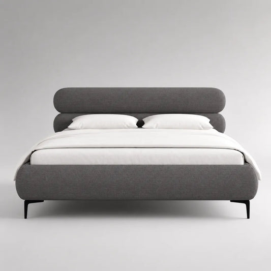 Lit double rembourré en tissu gris anthracite 160 × 200 cm avec tête de lit, sommier à lattes et pieds en métal noir