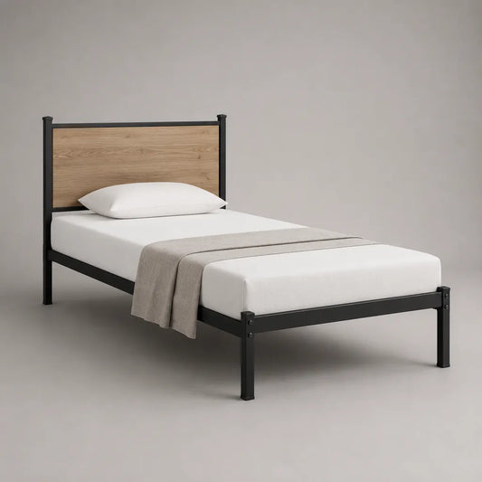 Cadre de lit simple 90 × 190 cm en acier et bois, noir et chêne naturel