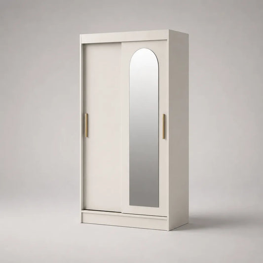 Armoire penderie en panneaux de particules à 2 portes coulissantes avec miroir cintré, blanc, 100 × 50 × 180 cm