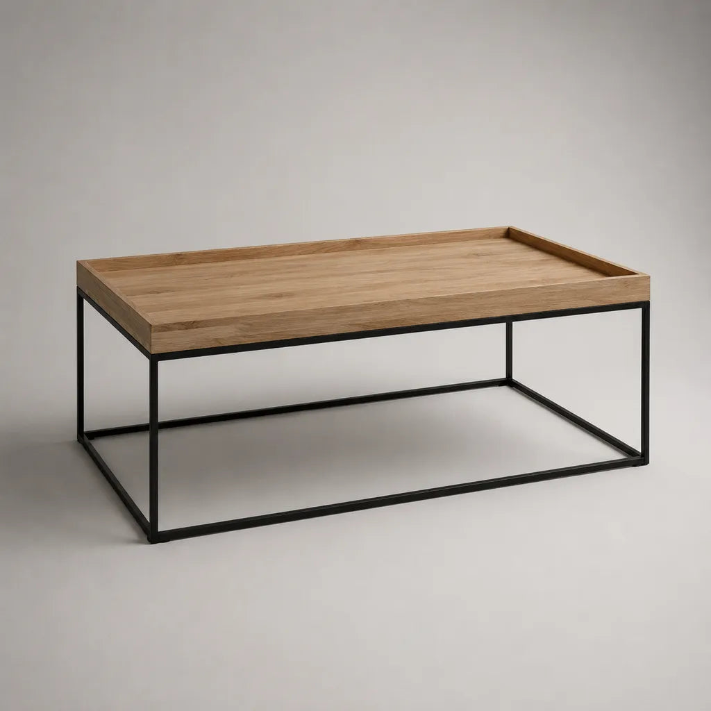 Table basse rectangulaire en panneau MDF plaqué chêne et acier noir, 100 × 60 × 40 cm