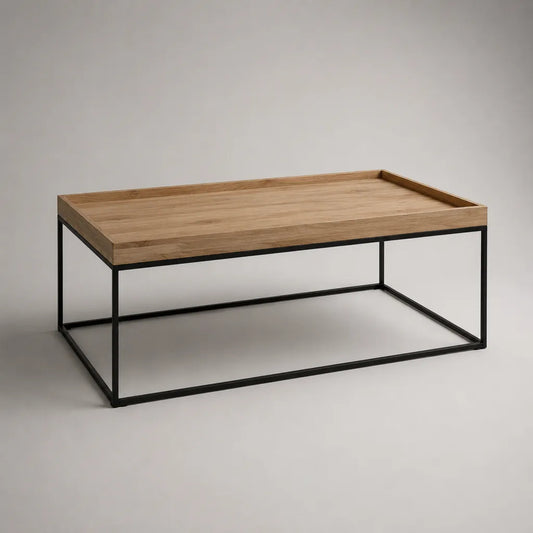 Table basse rectangulaire en panneau MDF plaqué chêne et acier noir, 100 × 60 × 40 cm