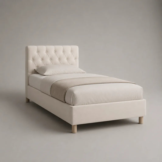 Lit simple rembourré en tissu beige avec tête de lit capitonnée, couchage 90 × 190 cm