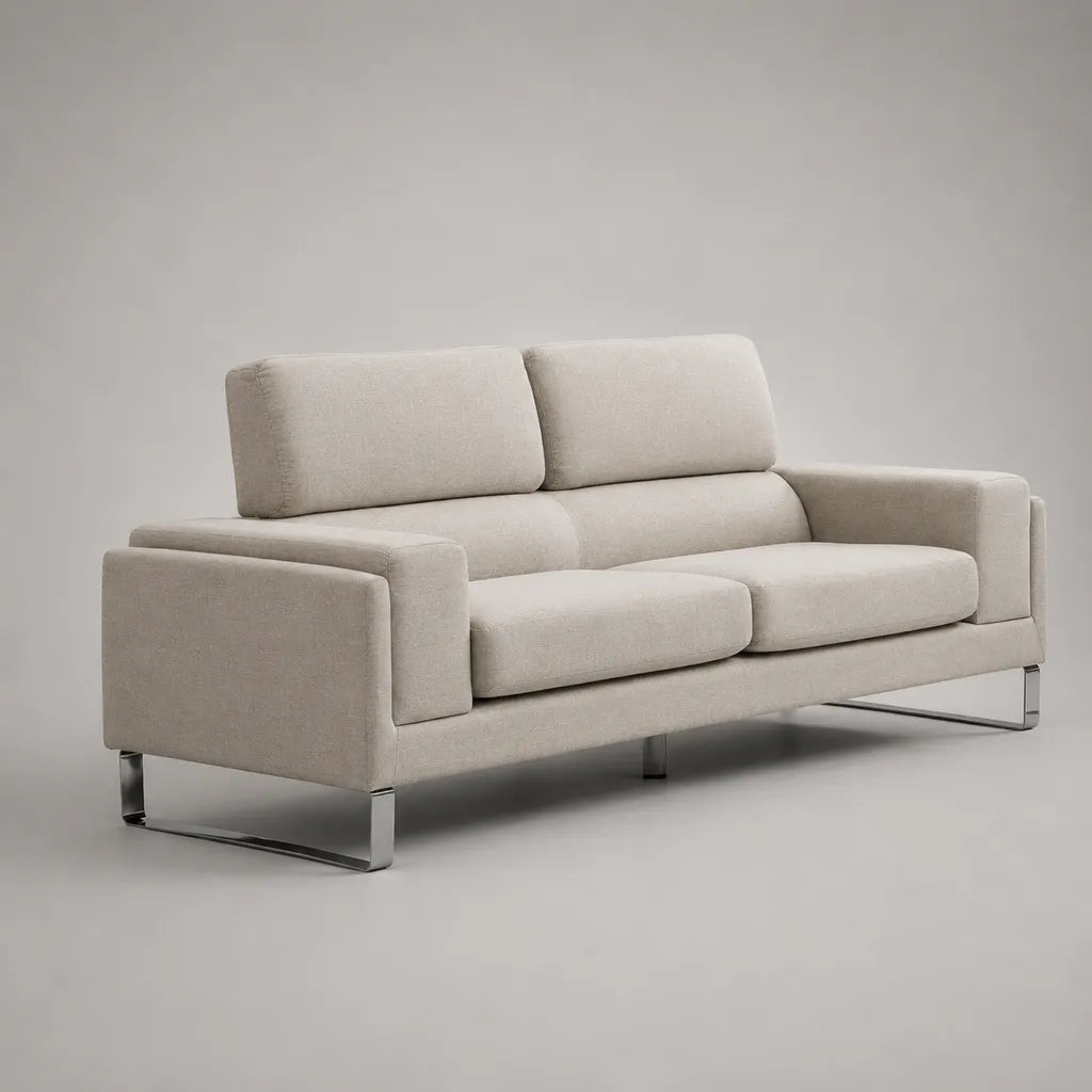 Canapé droit 2 places en polyester beige clair avec pieds en acier inoxydable, 180 x 88 x 86 cm
