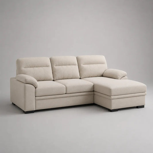 Canapé d'angle 3 places en tissu avec méridienne droite, beige et noir, 228 × 156 × 92 cm