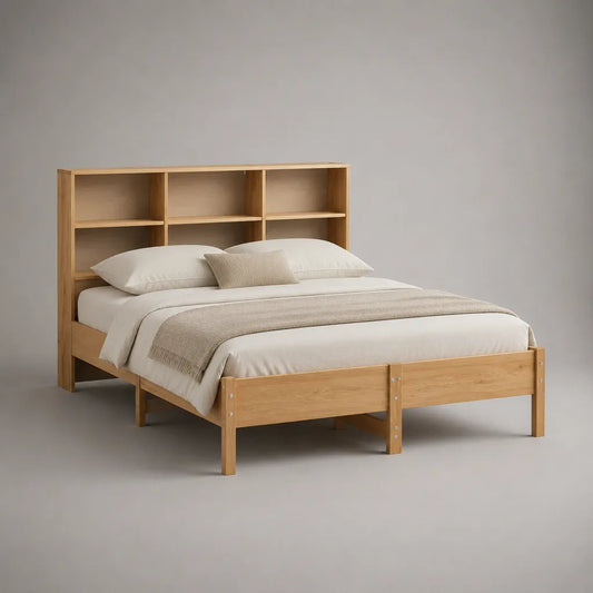 Lit double en bois avec tête de lit bibliothèque, finition bois naturel, couchage 160 × 200 cm
