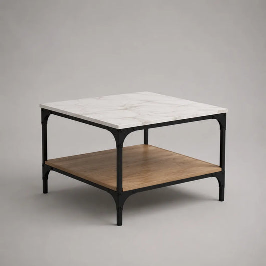 Table basse carrée avec étagère en MDF effet marbre et chêne, cadre en acier noir, 80 × 80 × 45 cm