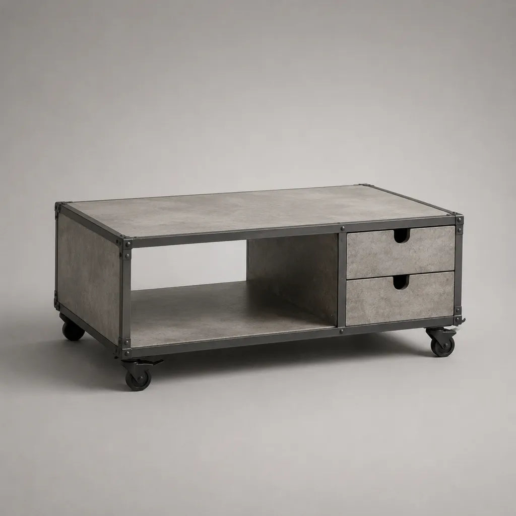 Table basse rectangulaire mobile en acier et panneaux de particules, gris béton et noir, 100 × 55 × 45 cm