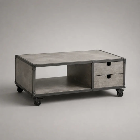 Table basse rectangulaire mobile en acier et panneaux de particules, gris béton et noir, 100 × 55 × 45 cm