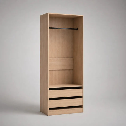 Armoire-penderie ouverte en panneaux de particules mélaminés avec 2 tiroirs, chêne clair et noir, H 200 × L 60 × P 50 cm