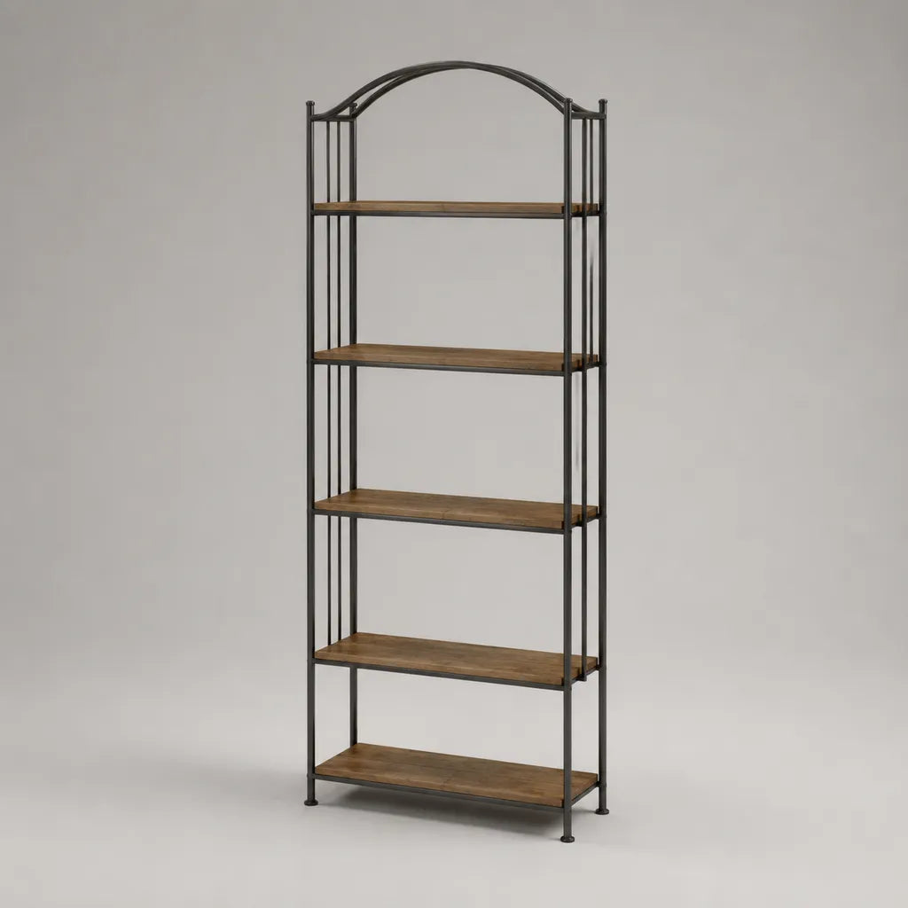 Étagère sur pied à 5 niveaux en acier et bois, sommet arqué, noir et marron, 70 × 30 × 180 cm