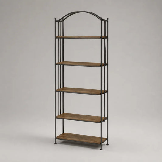 Étagère sur pied à 5 niveaux en acier et bois, sommet arqué, noir et marron, 70 × 30 × 180 cm