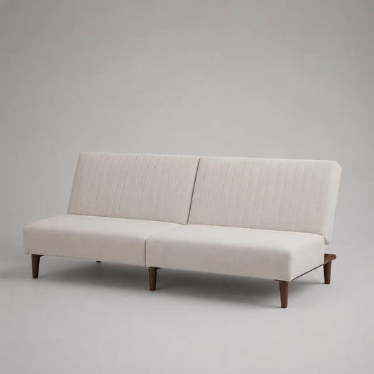 Canapé 3 places sans accoudoirs en tissu, bois massif et contreplaqué, blanc cassé et marron noyer, 180 × 80 × 78 cm
